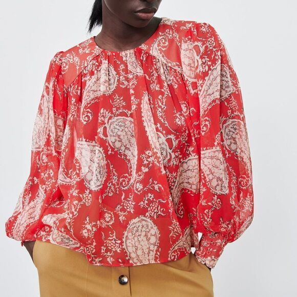 ZARA Chiffon Blouse Floral Print Balloon Sleeves New - Picture 8 of 9